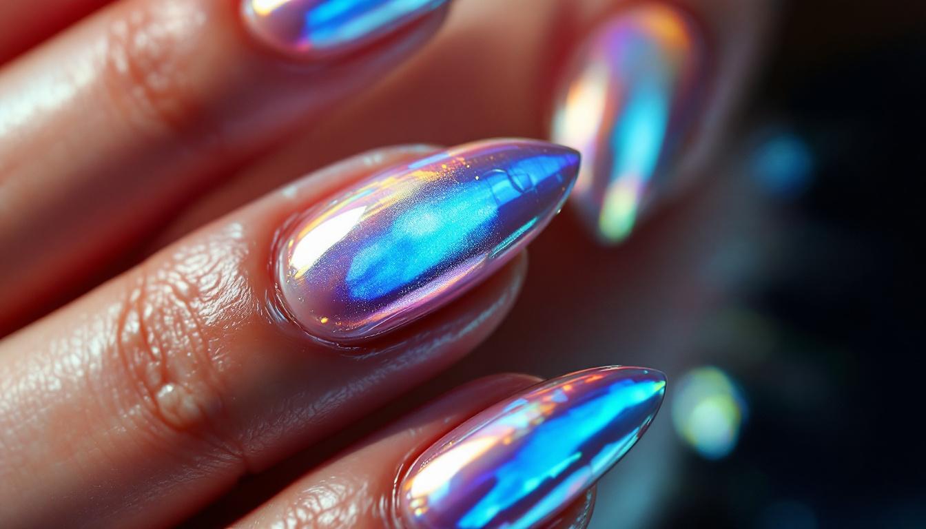 Hands showing 2026 nail trends: iridescent mother-of-pearl ribbed-glass and milky jelly bean manicures