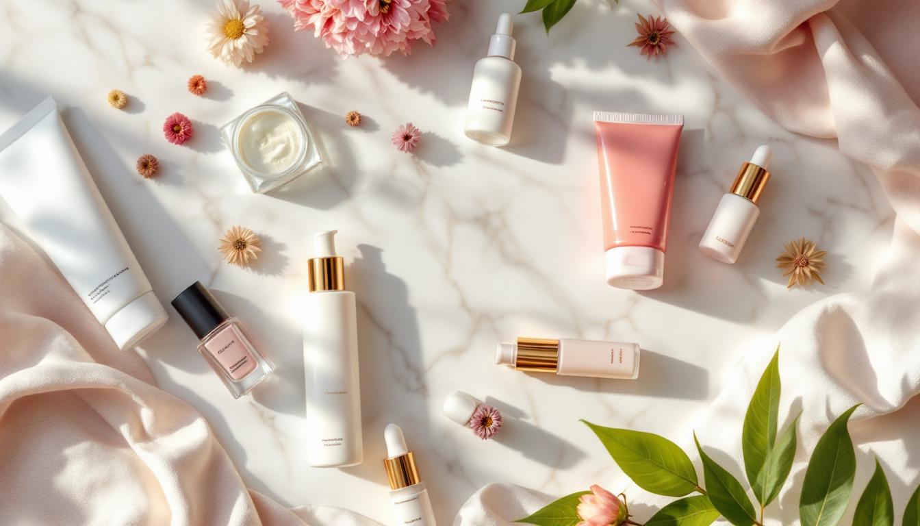 Flatlay of affordable beauty buys 2026 including skincare and makeup products arranged on marble and linen