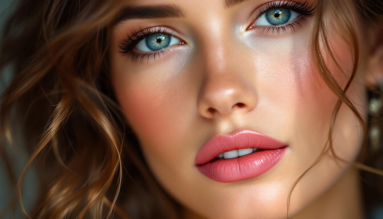 Close-up editorial beauty portrait of a woman wearing ballet slipper pink lips with soft watercolor blush on mature skin