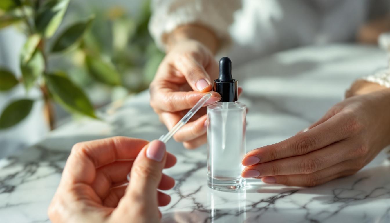 Model applying biomimetic peptide skincare serum to cheek with luxury glass bottle on marble