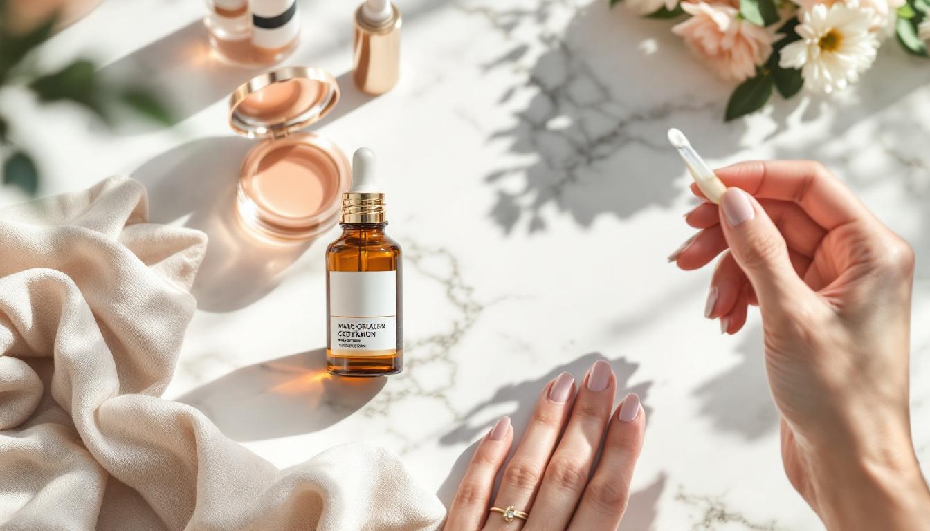 Flatlay of serums and tubes from celebrity skincare launches 2026 on marble with soft natural light