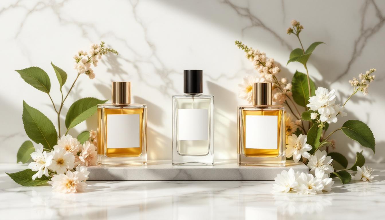 Three modern perfume bottles representing the clean fragrance trend 2026 with minimal packaging and botanicals