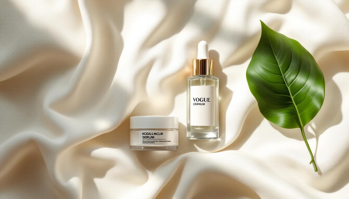 Dewy woman applying serum beside minimalist clean skincare brands on marble, illustrating clean skincare brands in action