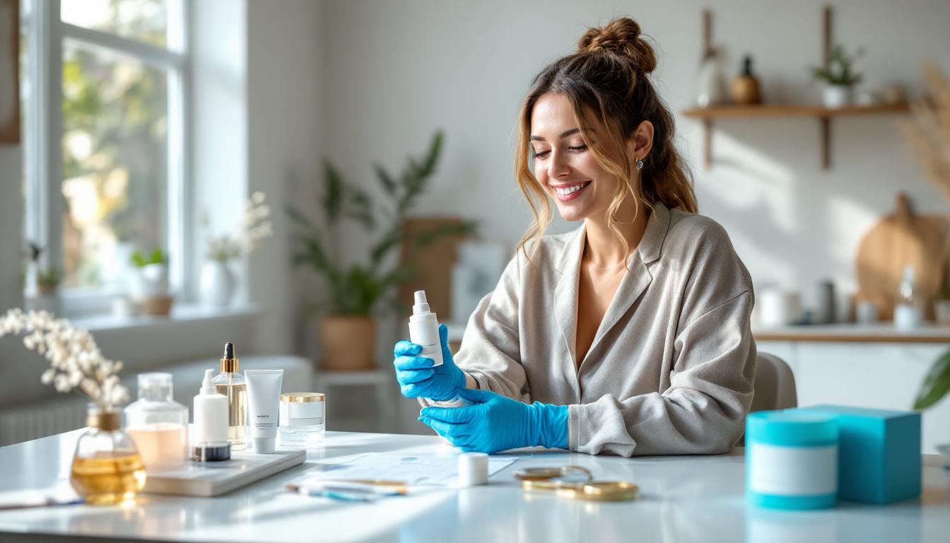Female founder holds redesigned clean skincare bottle beside bold packaging, illustrating a clean skincare rebrand