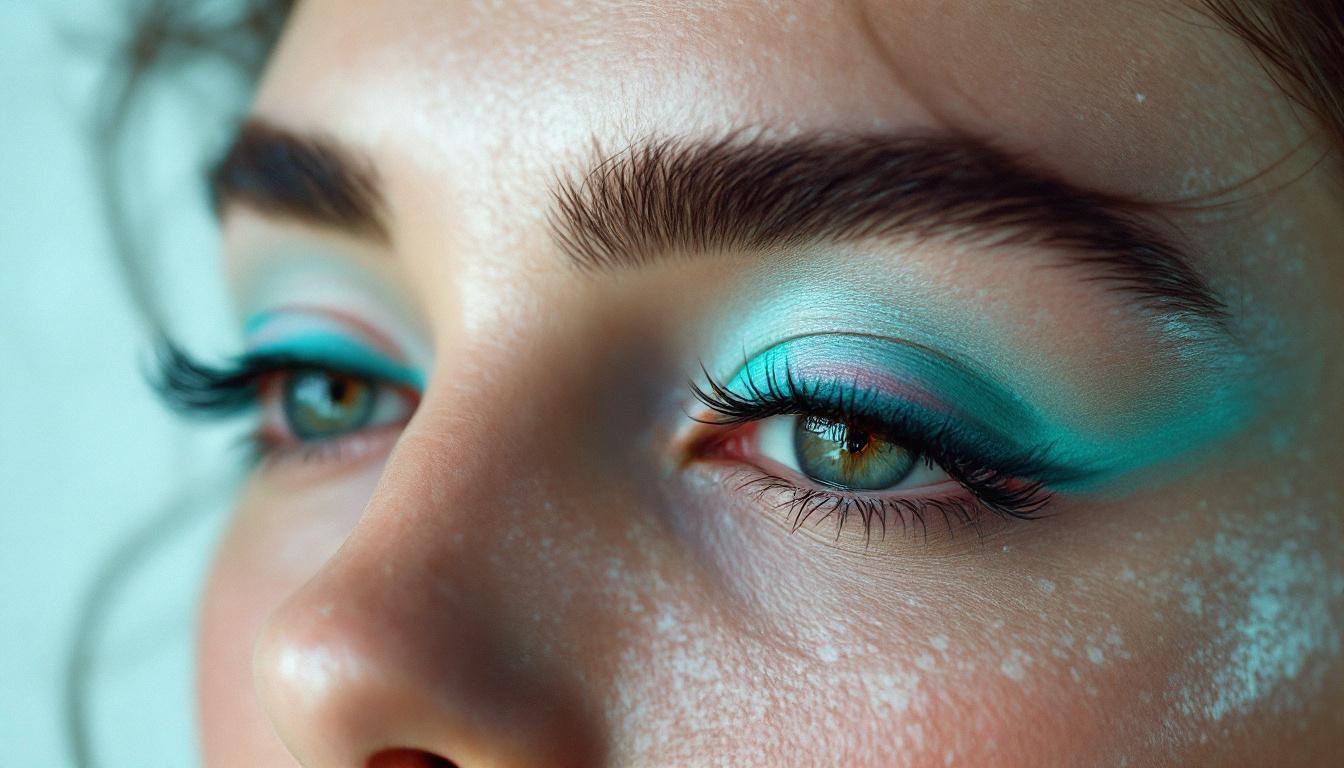Close-up showing the colored eyeliner trend 2026: soft pastel-blue and deep emerald smudged liner with bare lashes and dewy skin