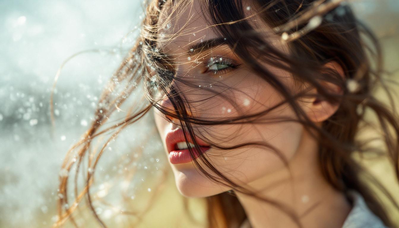 Model spraying cooling hair mist into windblown hair, glossy strands and cool spring styling