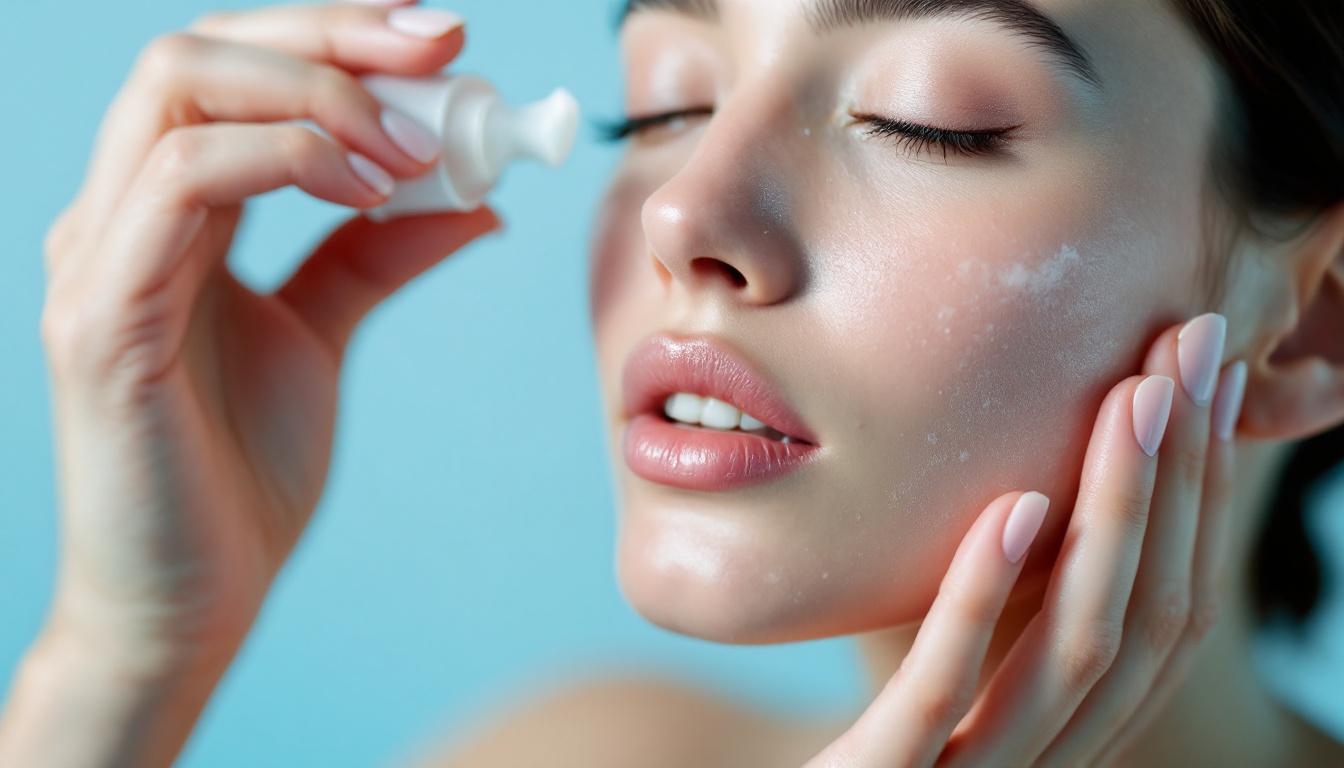 Woman applying cooling skin care gel to dewy cheek, blue-tinted tube visible, minimal studio background