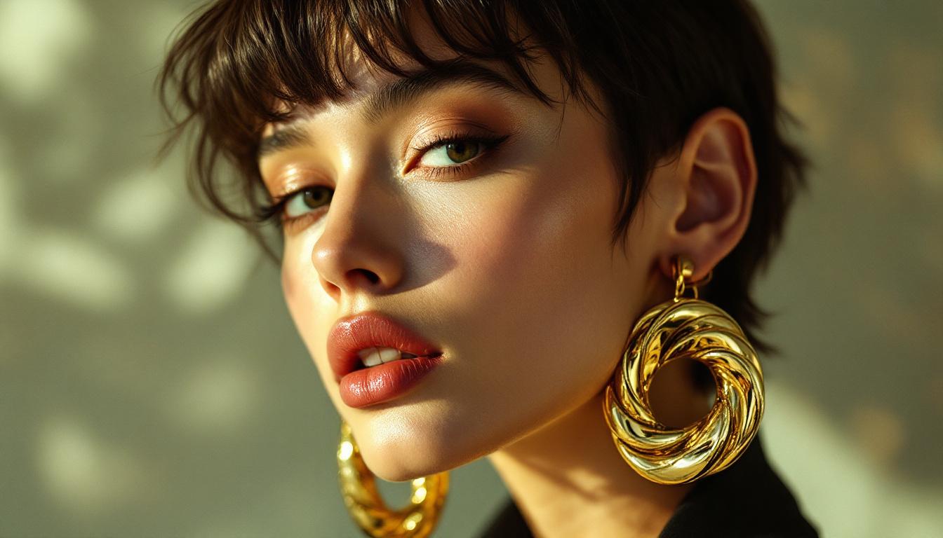 Model with glossy pixie cut wearing oversized sculptural earrings showcasing earring trends 2026