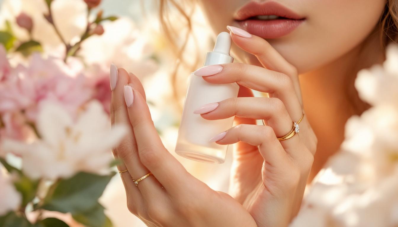 Model's hands wearing recycled gold rings and lab-grown diamonds held against a clean beauty bottle, illustrating ethical jewellery trends