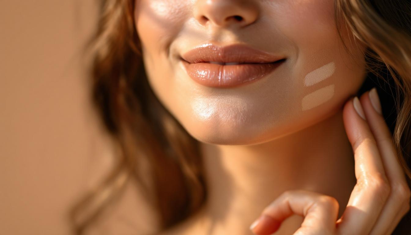 Model swatching three foundation shades on jawline for a foundation reformulation guide