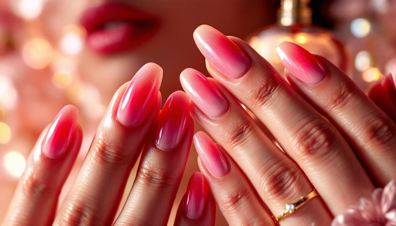 Editorial close-up of hands with glossy strawberry-pink nails illustrating 2026 nail colors inspired by fragrance trends