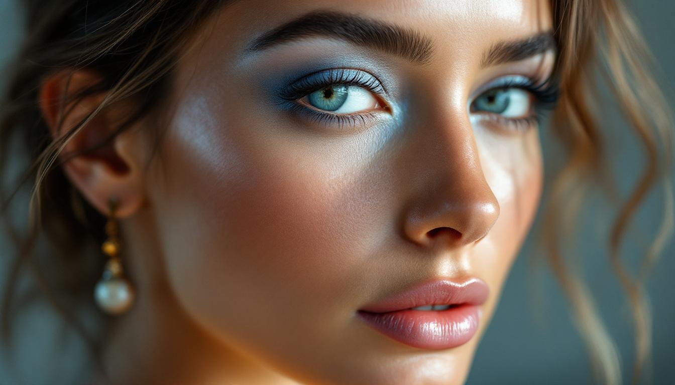 Close-up of woman wearing baby blue eyeshadow with glowing skin and natural brows