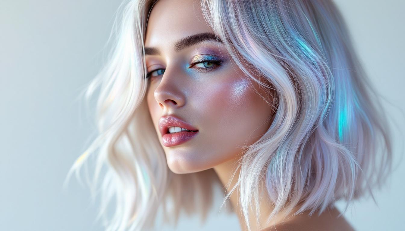 Model showcasing iridescent hair color with mother-of-pearl sheen and glossy opalescent finish