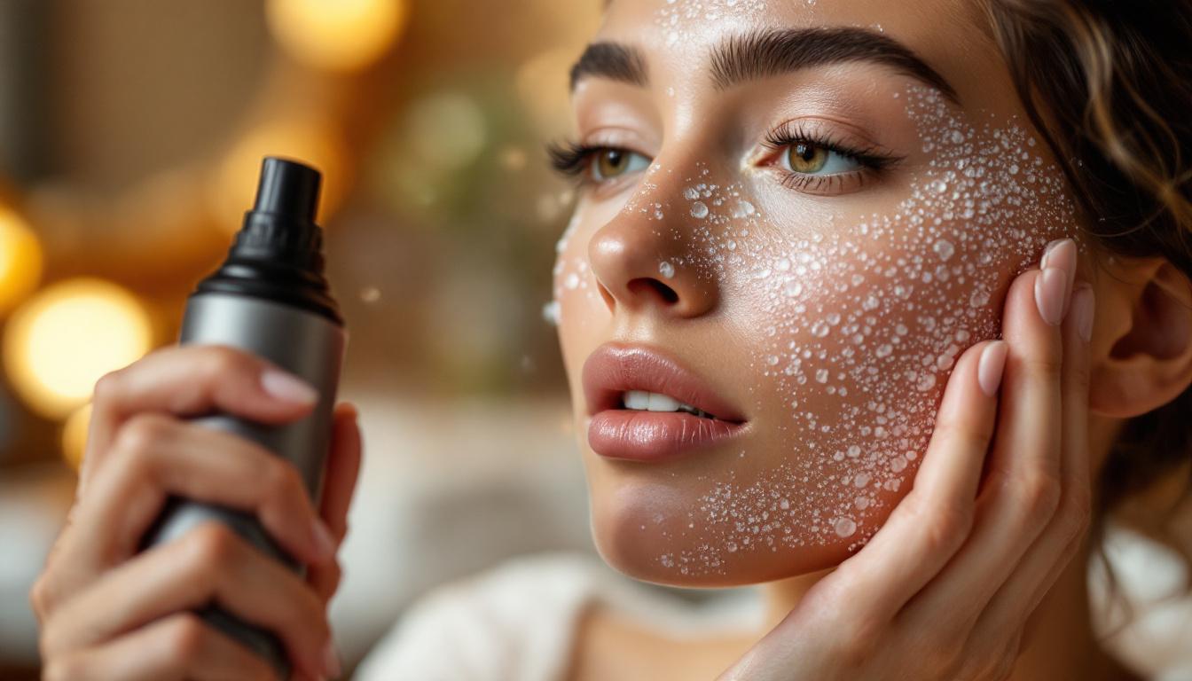 Model misting face with a lightweight setting spray for best setting spray 2026, luminous matte finish