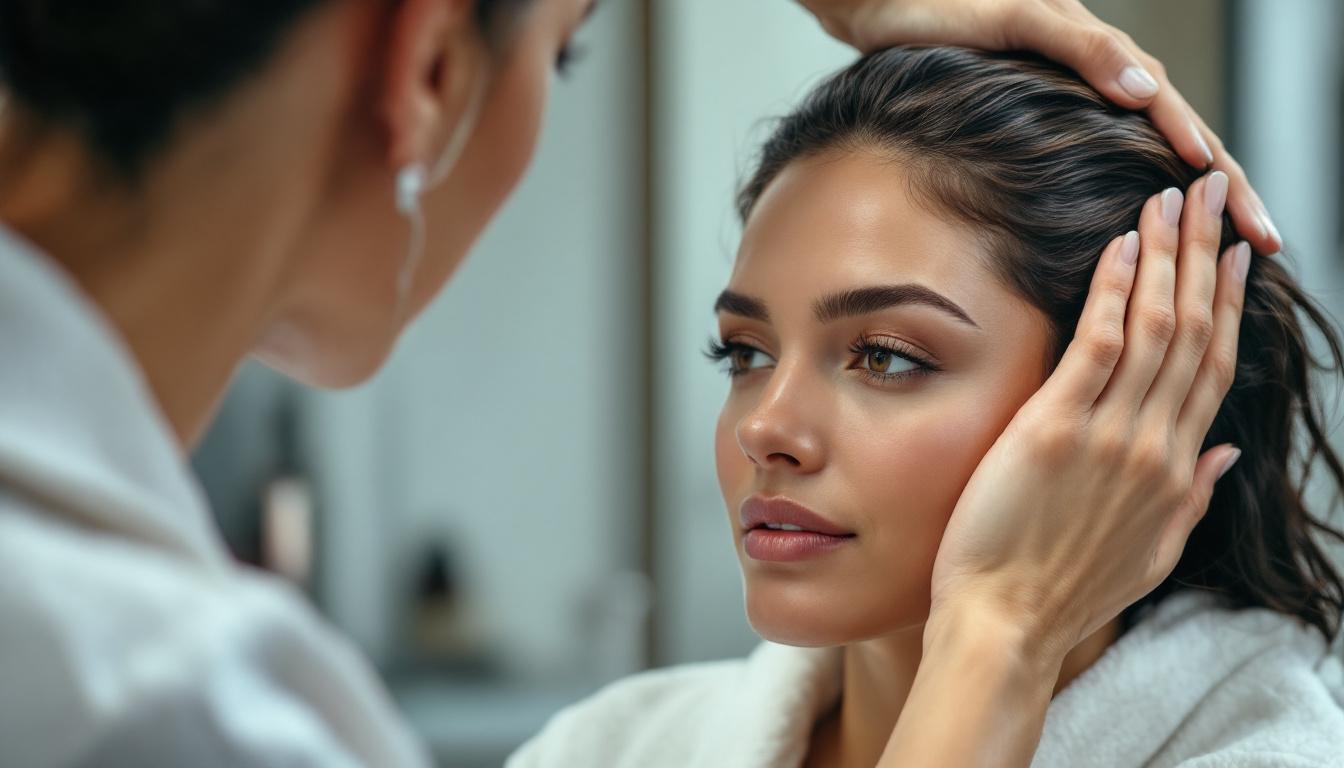 Woman massaging glossy hair and visible scalp illustrating a longevity haircare routine focused on scalp barrier repair