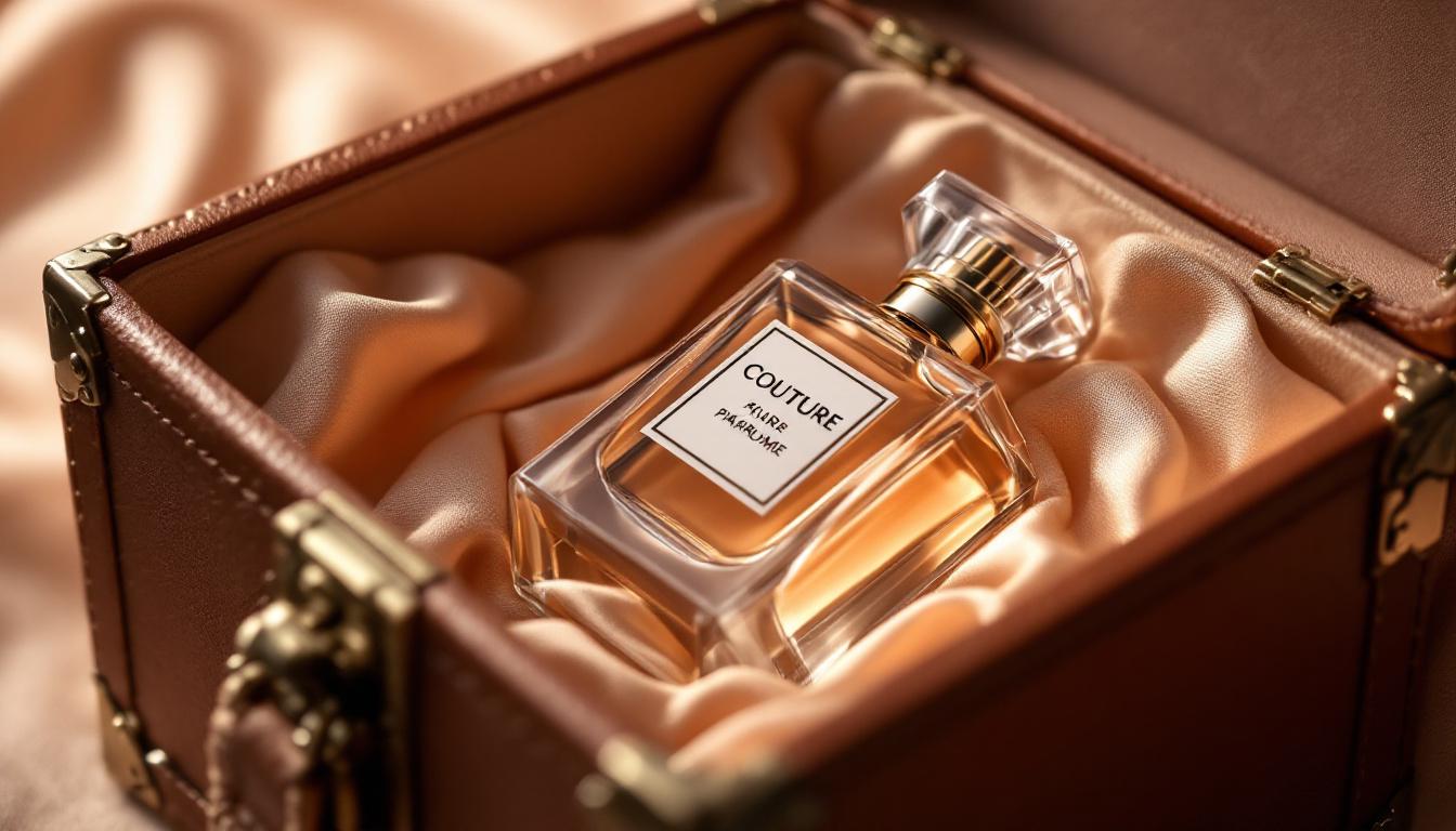 Perfume bottle inside a leather trunk showcasing luxury perfume packaging
