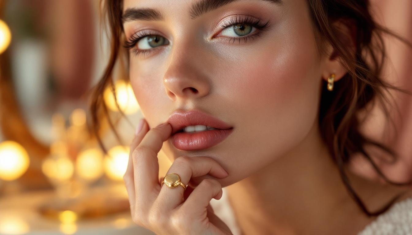 Close-up of makeup inspired jewellery featuring a gold compact pendant and enamel blush ring