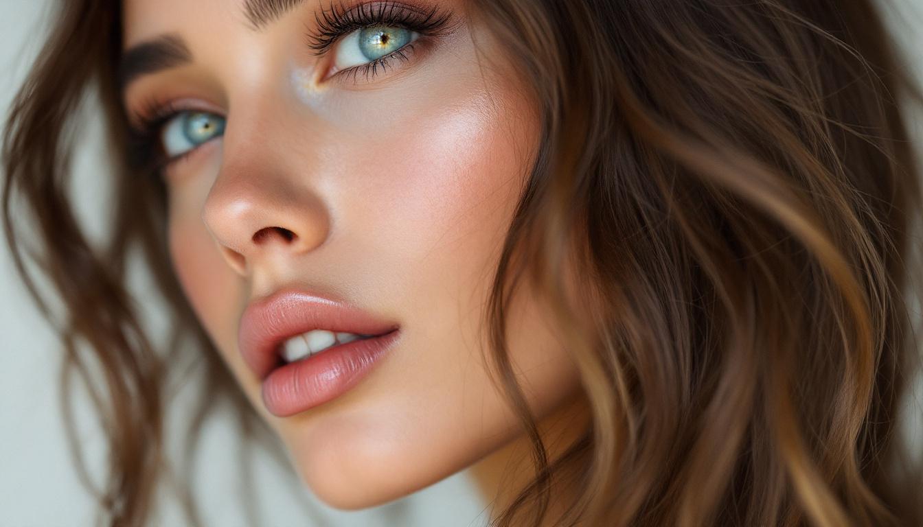 Portrait of woman with mushroom brunette hair color showing soft-diffused beige highlights and lived-in balayage