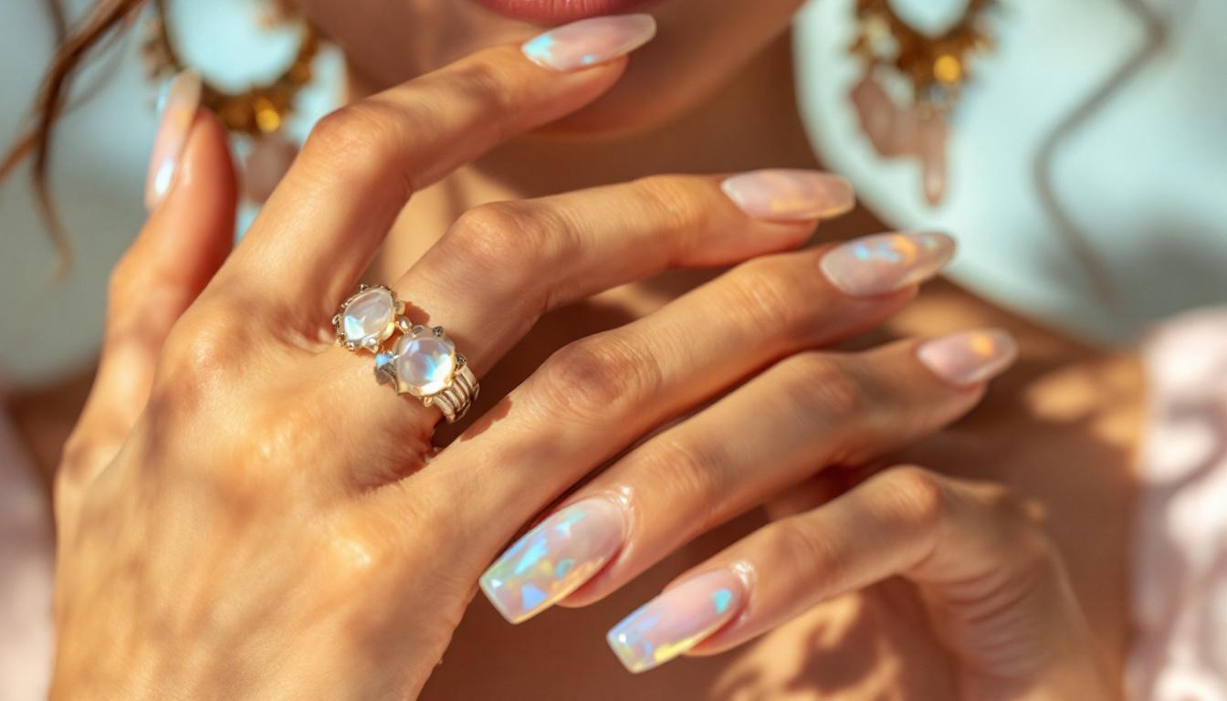 Close-up of hands with iridescent mother-of-pearl nails wearing ribbed-glass rings showing nail trends jewelry influence