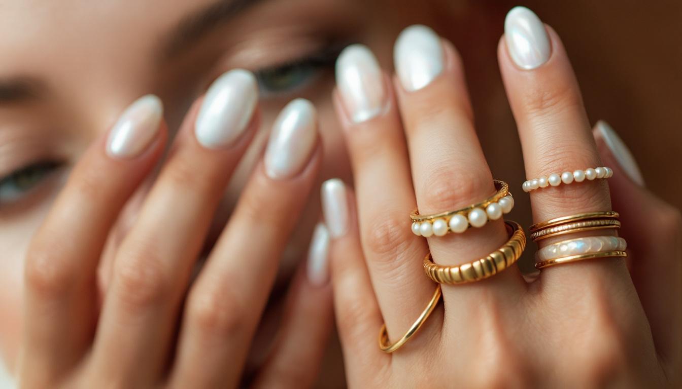 Close-up of hands with mother-of-pearl nails paired with stacked gold and pearl rings, showcasing nail trends jewellery