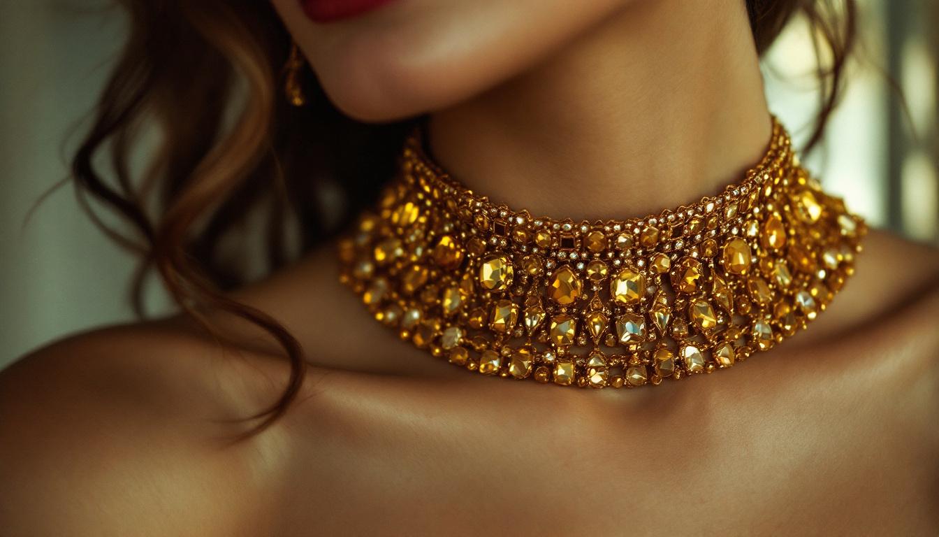 Close-up of model wearing a gold choker showing smooth neck skincare for chokers and glowing décolletage
