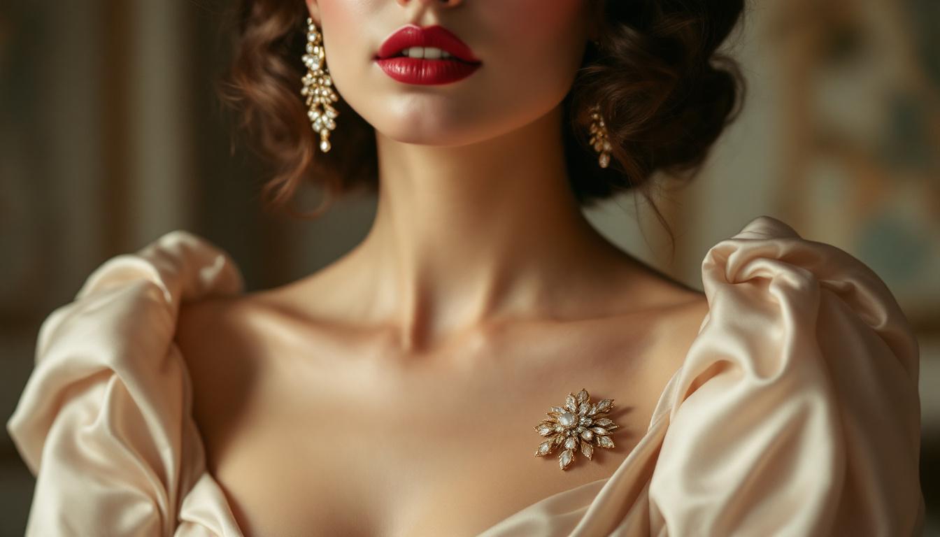 Close-up of model wearing vintage clip-on earrings and brooch illustrating old Hollywood jewellery trends