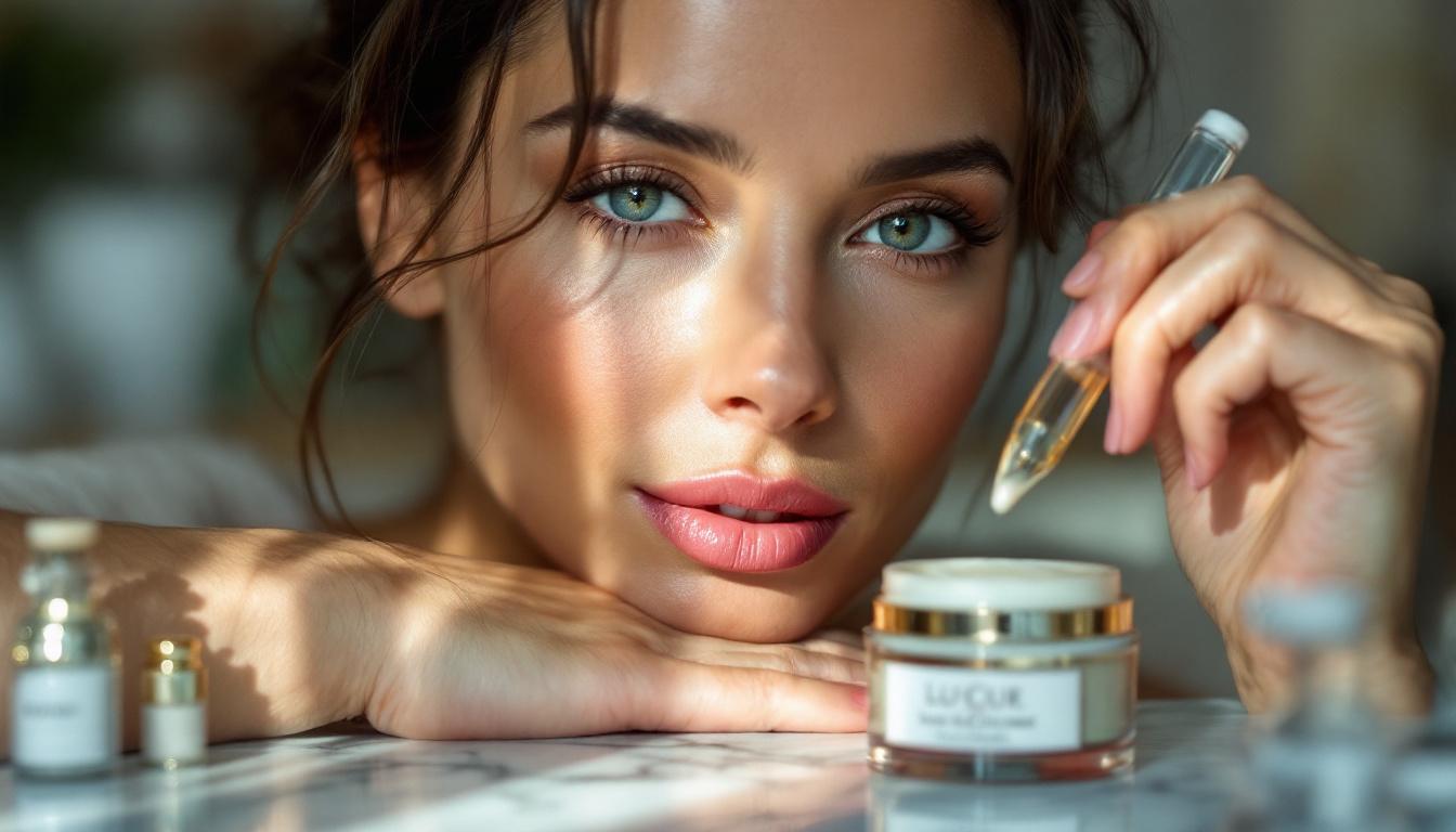 Close-up editorial portrait of a woman with luminous skin showcasing peptide skincare 2026 with a glass vial and luxury jar visible