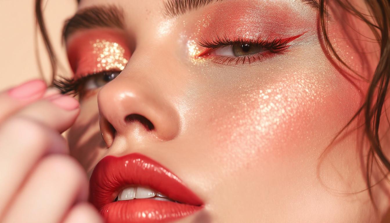 Close-up of model showcasing fragrance inspired makeup: strawberry pink lips, solar bronze highlight and creamy vanilla blush