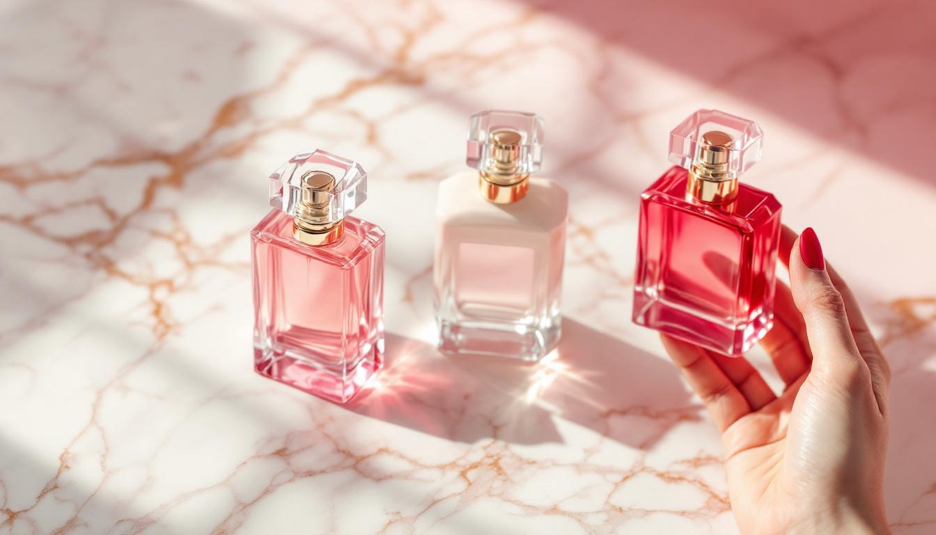 Three pink perfume bottles styled with rosy makeup, illustrating pink perfumes 2026 trend