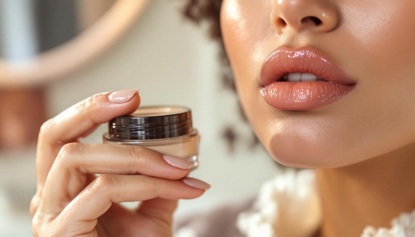 Close-up editorial of model applying serum-textured concealer and glossy lip mask highlighting skincare infused makeup trend