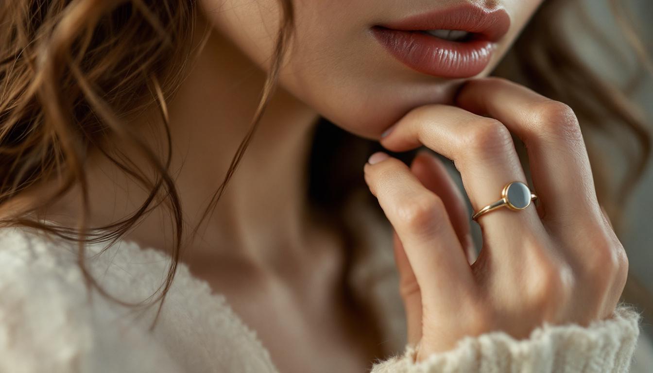 Close up of model wearing smart skincare jewellery ring and pendant on flawless skin
