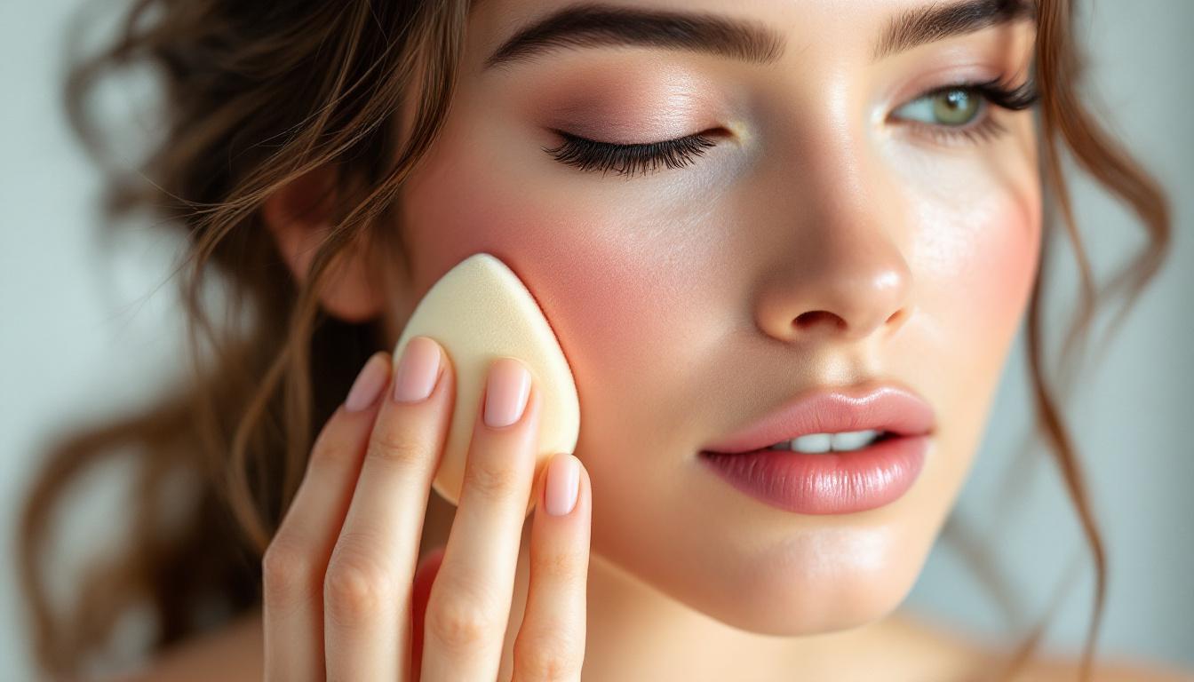 Close-up of dewy cheeks demonstrating watercolor blush technique in soft pink